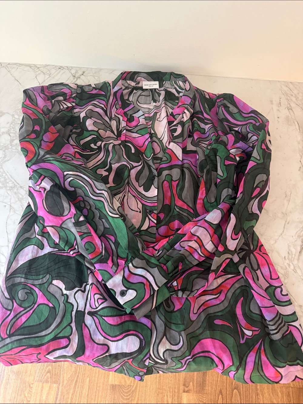 Dries Van Noten Pink, Green and Black Abstract Swirl Button-Down Shirt